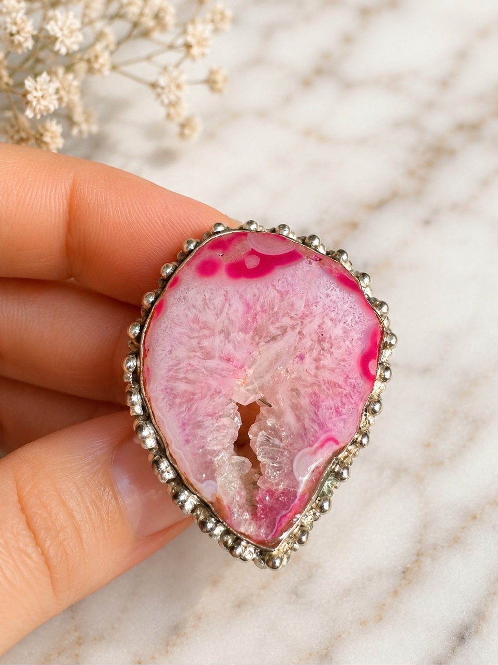 Pink Druzy Agate geode boho statement ring Crystal Sterling silver 925 hot pink